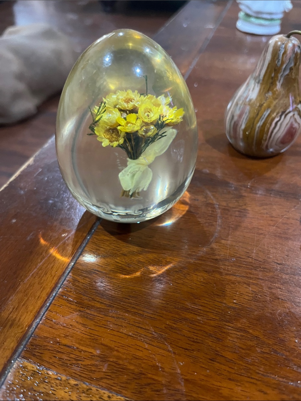 Decorative Glass Egg Paperweight with Yellow Flower Bouquet